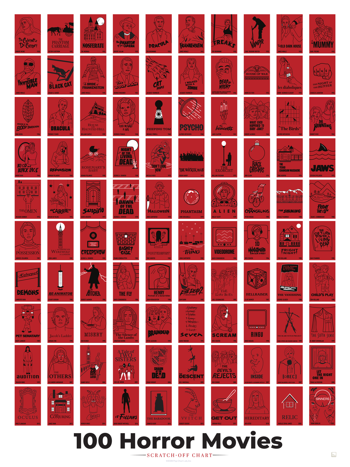 100 Horror Movies Scratch-Off Chart