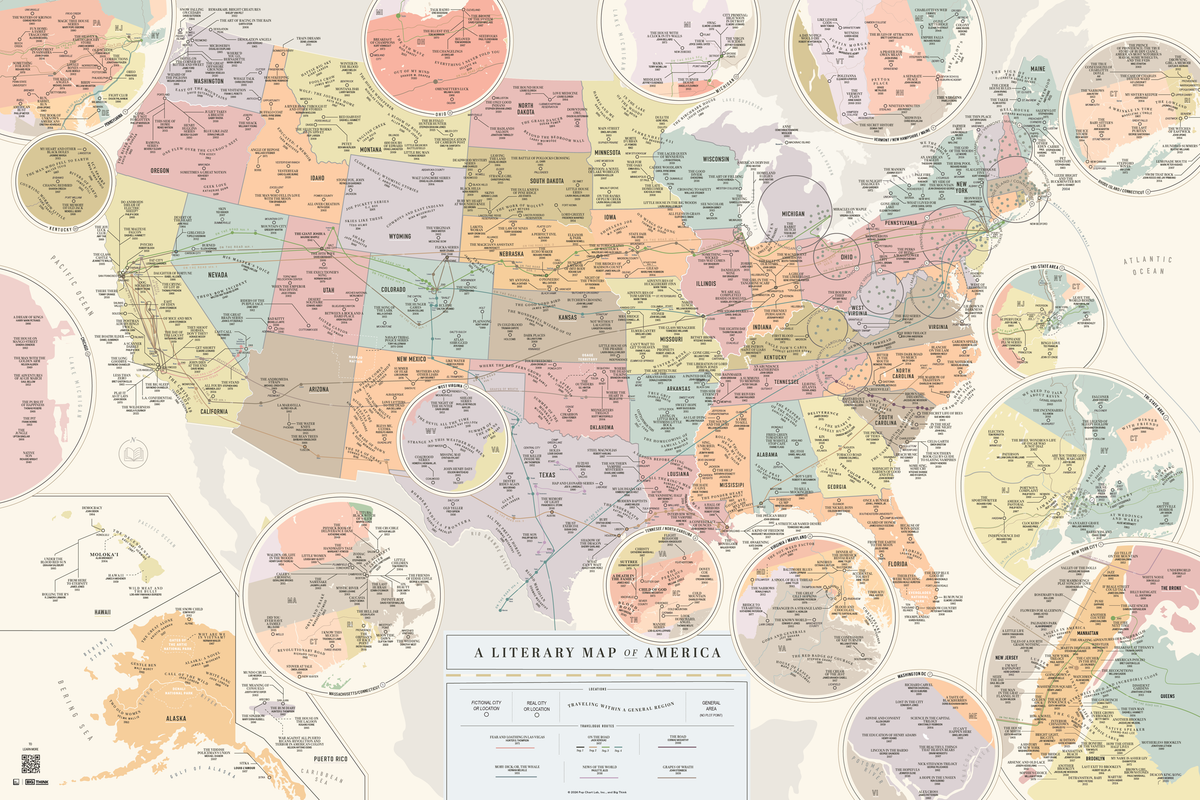 A literary map of the United States titled 'A Literary Map of America,' showing over 400 book locations around the countries