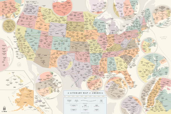 A literary map of the United States titled 'A Literary Map of America,' showing over 400 book locations around the countries