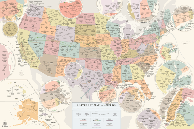 A literary map of the United States titled 'A Literary Map of America,' showing over 400 book locations around the countries