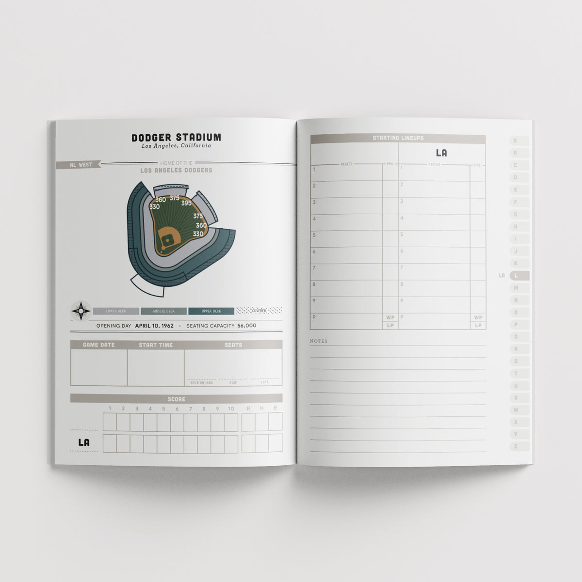 Major League Ballparks Logbook notebook, close-up detail view
