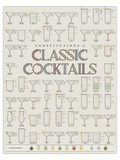 Poster illustrating cocktail recipes and garnishes as labeled glass diagrams.