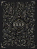 Poster diagramming ale and lager beer styles on a black-and-gold background.