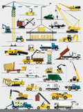 Poster illustrating construction vehicles like cranes, excavators, and dump trucks.