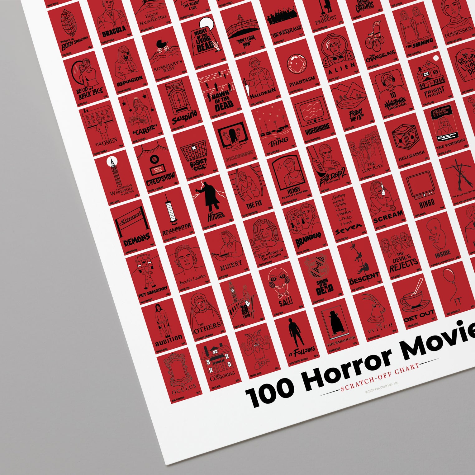 Top 100 Horror Movies Scratch Off Poster - Large Cinema Scratchable Poster - Horrors of All Time Bucket List - Must See Movie Challenge - Essential