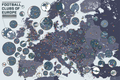 Illustrated map of European football club crests by country and city.