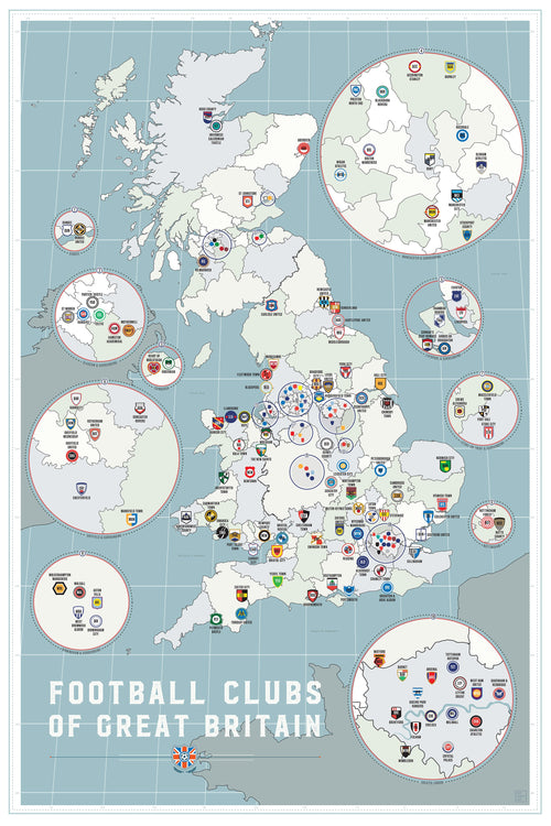Illustrated map of UK football clubs placed by city and region.